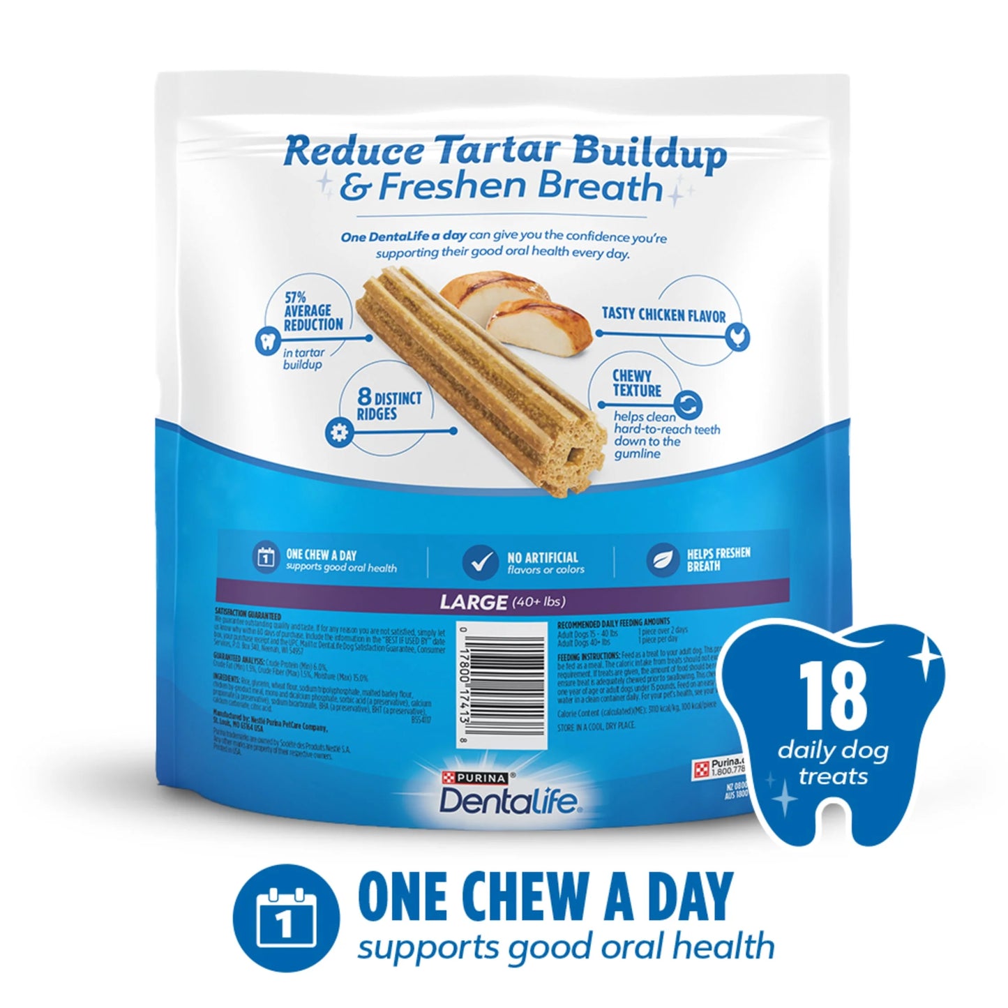 Purina Daily Oral Care Large Dog Dental Treats with Chicken, 20.7 Oz Pouch (18 Count)
