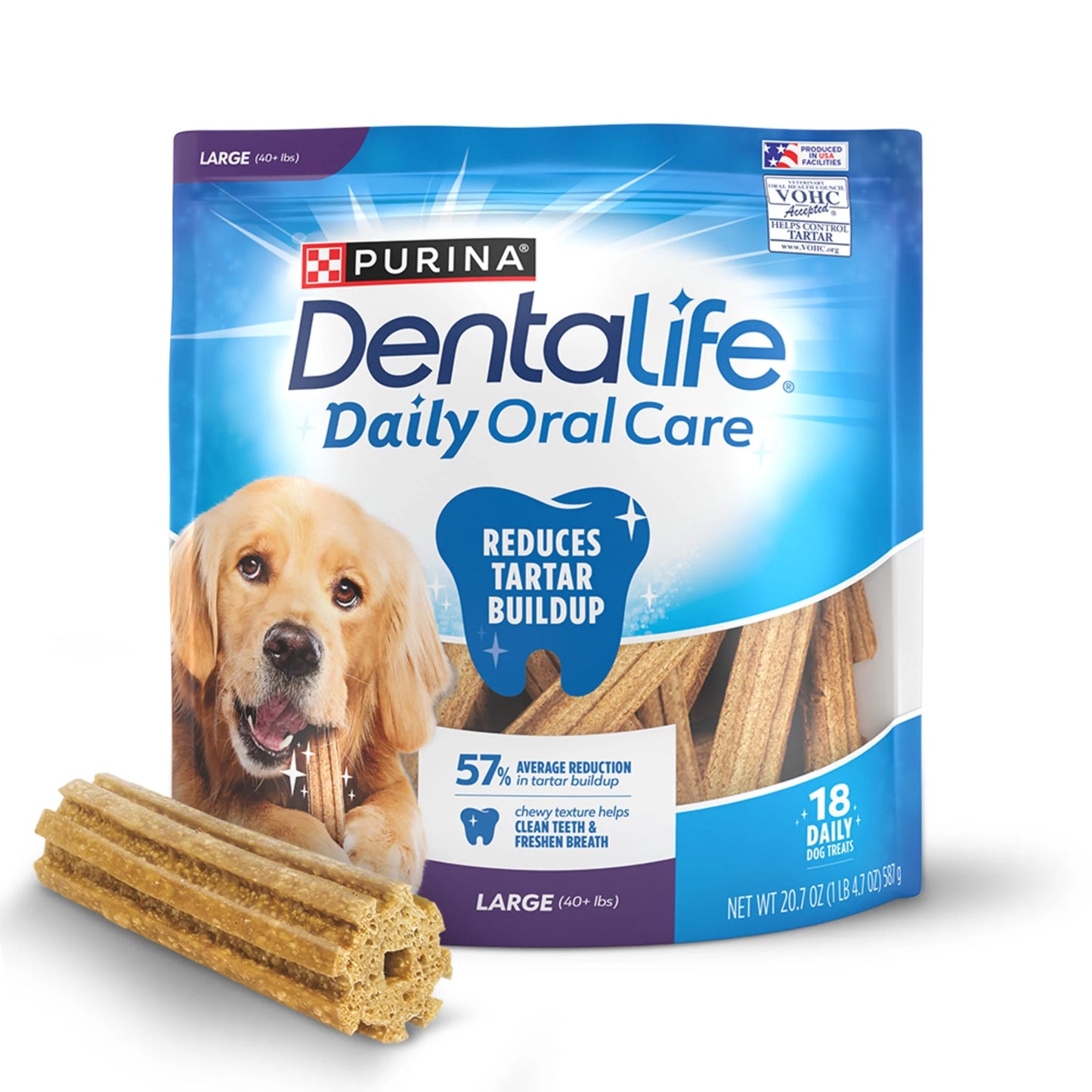 Purina Daily Oral Care Large Dog Dental Treats with Chicken, 20.7 Oz Pouch (18 Count)